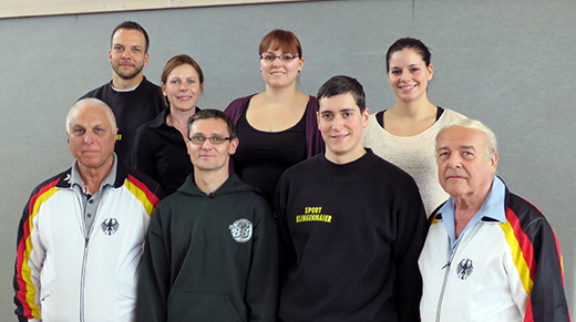 Glückwunsch an (von links) Sascha Kohn (Württembergischer Sportakrobatik Verband), Sabine Pfeiff (Neuss, freischaffend), André Schatz (TuS Hellersdorf), Claudia Rettig (FTG Pfungstadt) und Tobias und Sabrina Hegele (TSG Hofherrnweiler-Unterrombach)!